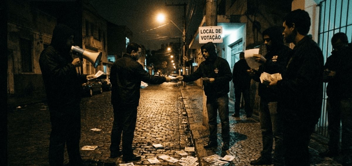 Pessoas entregando panfletos à noite em uma rua, perto de uma placa de local de votação