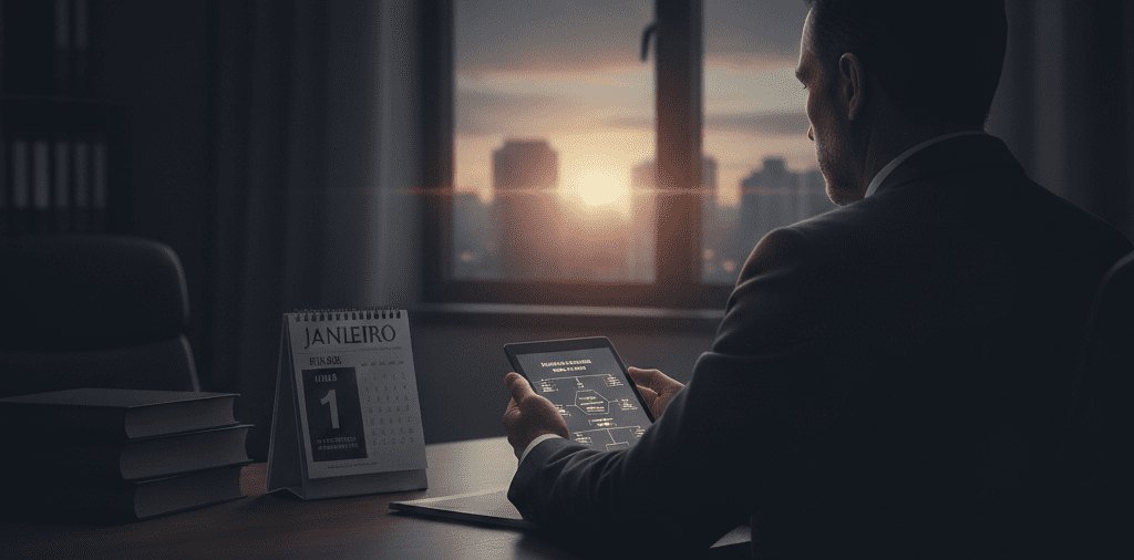 Homem de terno consultando um tablet ao lado de um calendário de mesa em 1º de janeiro
