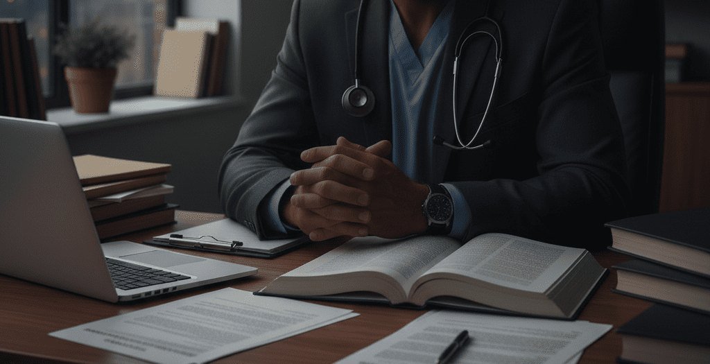 Médico com estetoscópio sentado a uma mesa com livro aberto, papéis e notebook