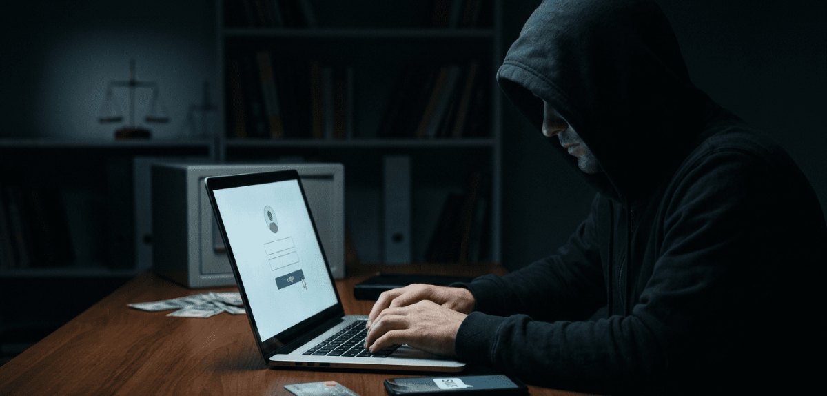 Pessoa de capuz digitando em um notebook com a tela de login aberta, em uma sala escura