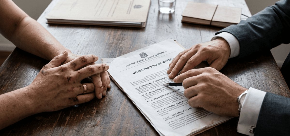 Duas pessoas à mesa com um documento de medida protetiva de urgência
