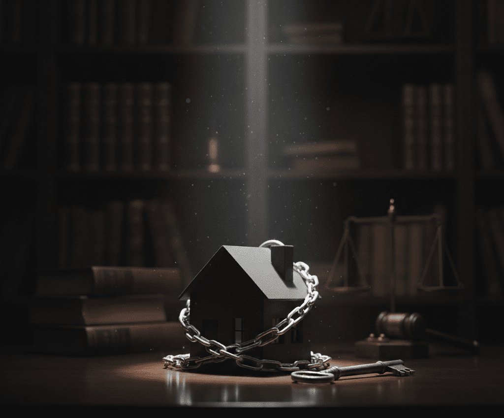 Miniatura de casa presa por uma corrente, com uma chave, sobre uma mesa com livros e um martelo de juiz
