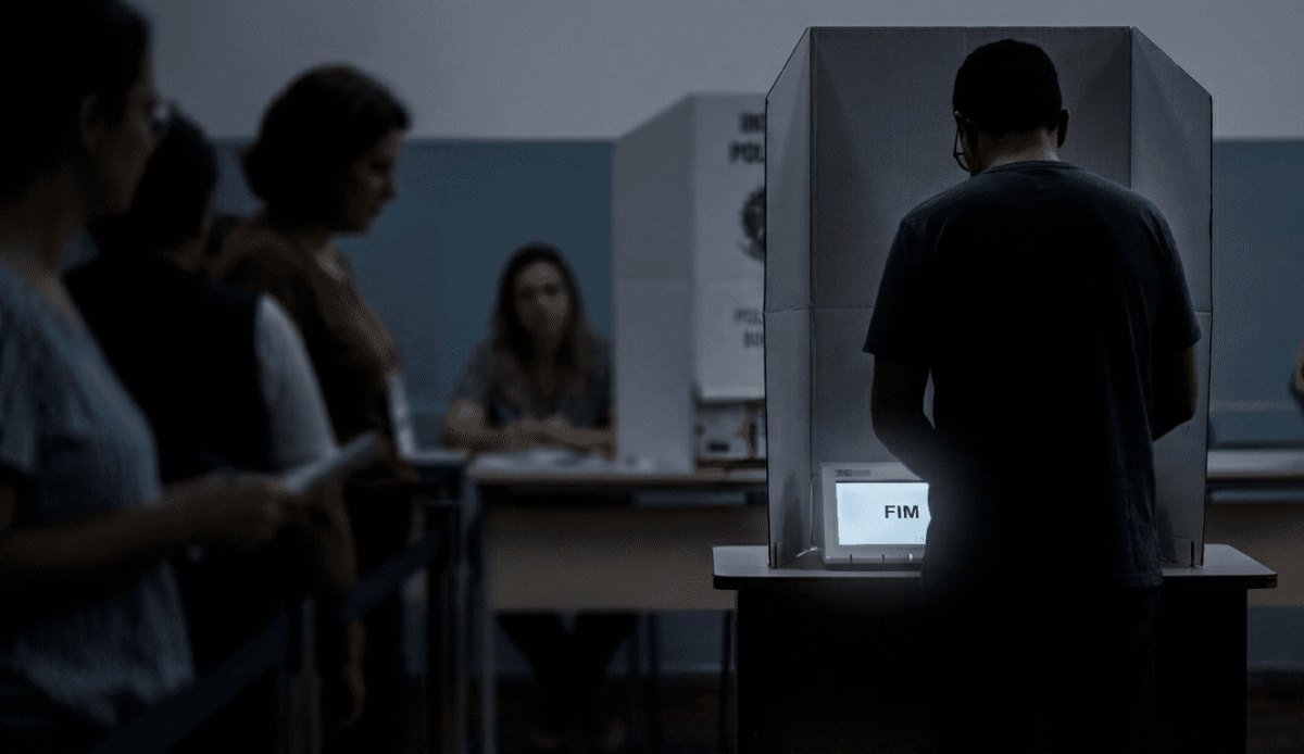 Eleitor na cabine de votação diante da urna eletrônica, com pessoas na fila